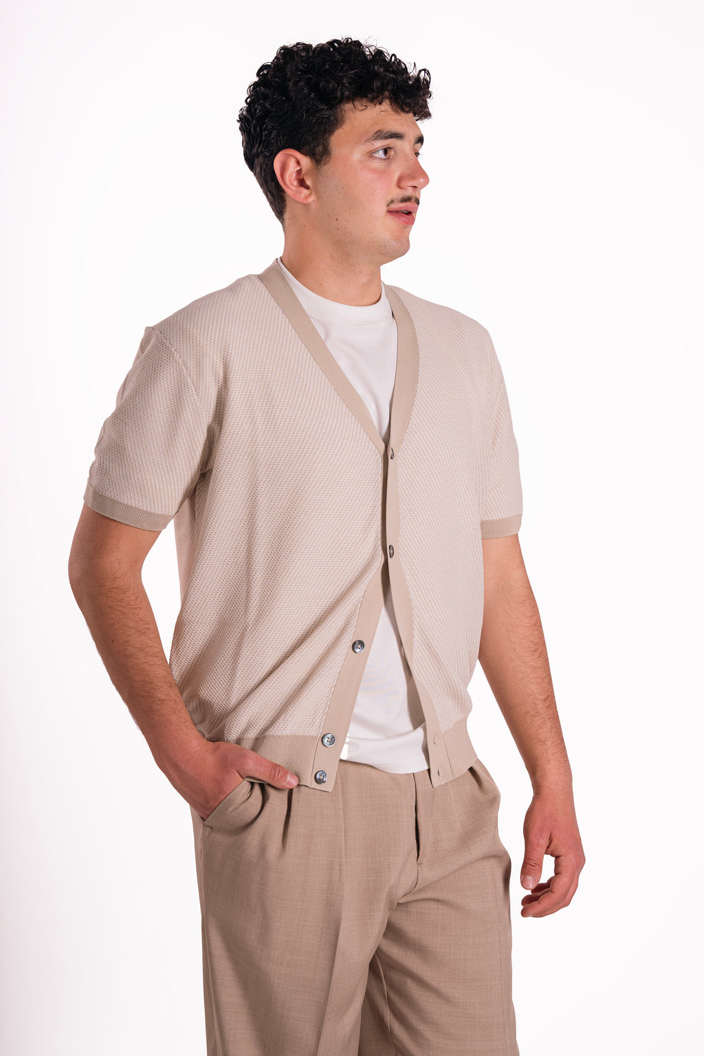 Cardigan mezze maniche in crepe di cotone